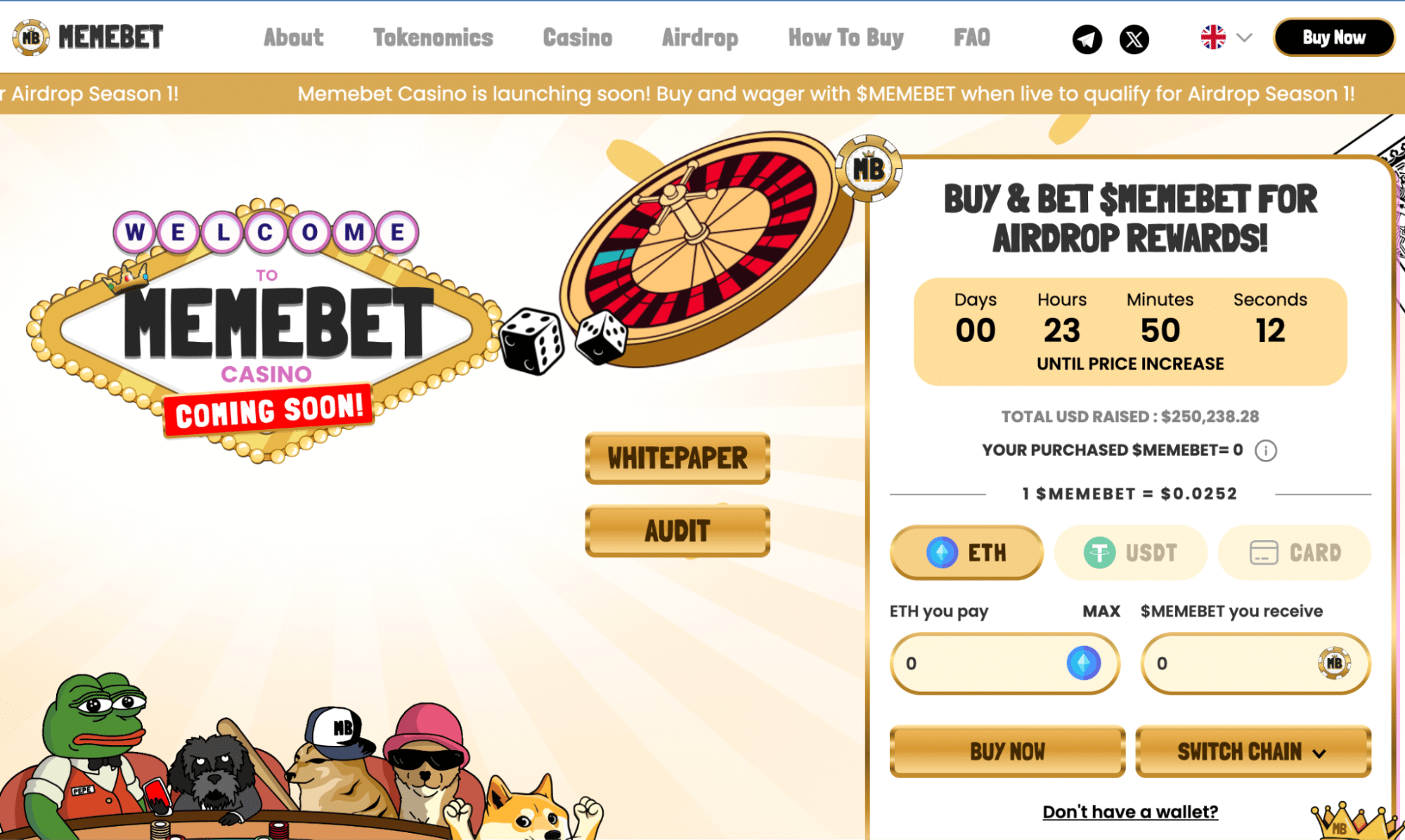 Web3’s First Meme Coin Casino Memebet Token Raises $250K in Launch Week